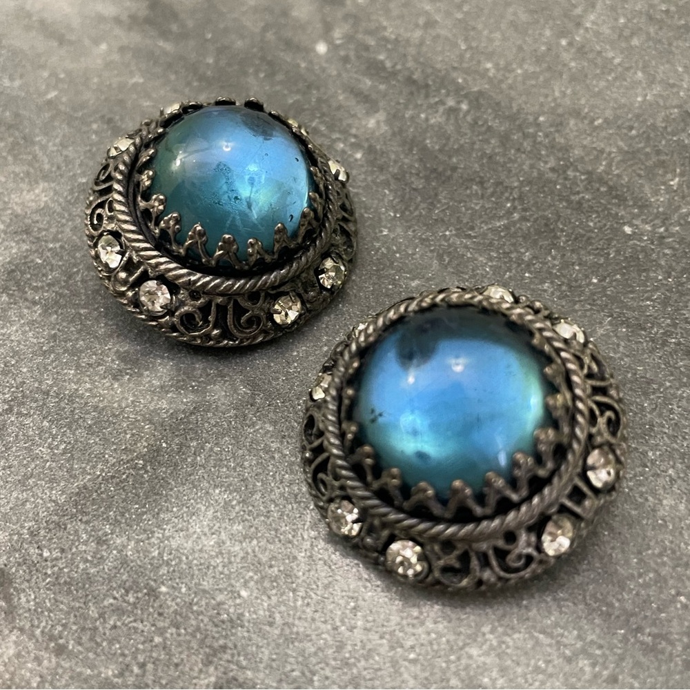 Vintage Blue Glass Silver Dome Clip On Boho Earrings